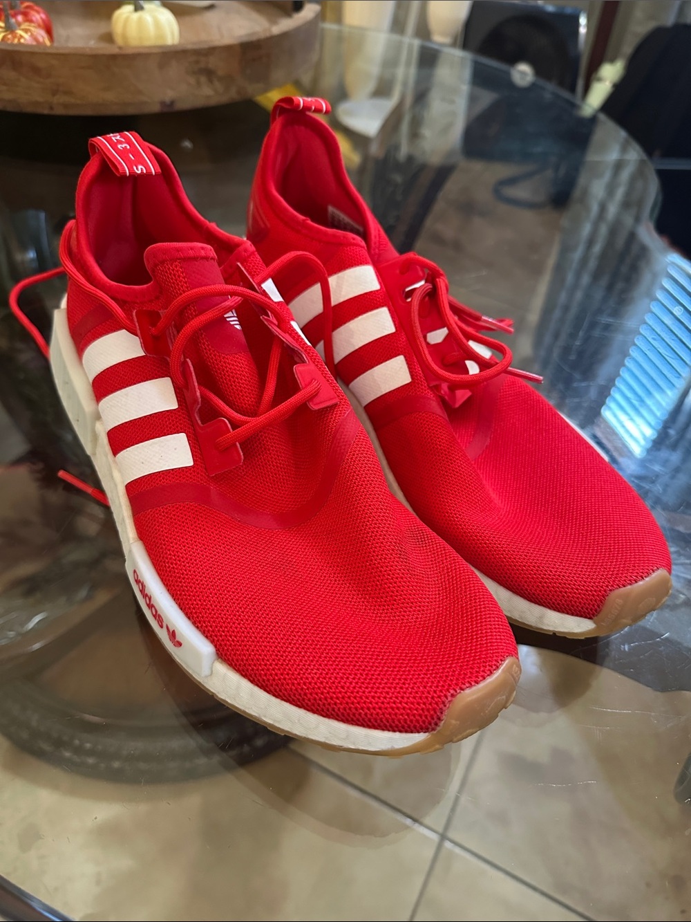 adidas men’s Red lace up Athletic Sneakers with White Stripes size 12